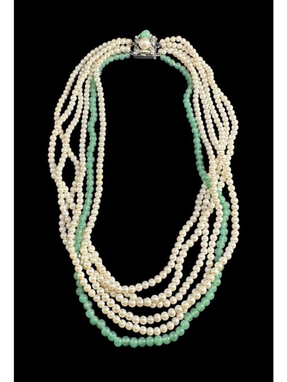 Necklace Sterling Silver Jade Pearl Round Beaded 6 Strand Necklace Vintage